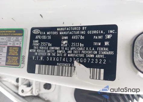 2016 Kia Optima Lx from USA, damaged, VIN 5XXGT4L31GG072322